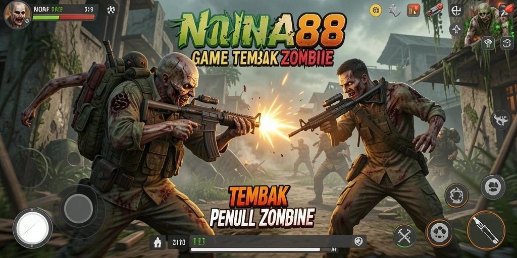 Tampilan utama NONA88 dengan banyak zombie dan senjata siap digunakan.