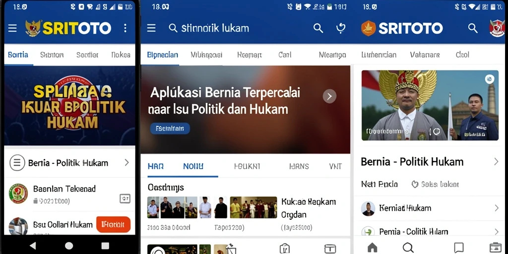 Antarmuka aplikasi SRITOTO menampilkan berita politik dan hukum terbaru.