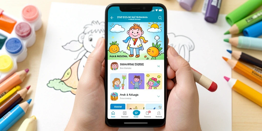 Antarmuka TANGANDEWA dengan anak-anak mewarnai gambar digital.